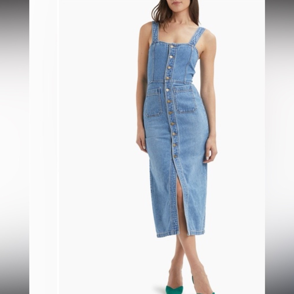 Rollas Denim Midi Dress Blue Button Front Front Pockets Size 6 XS Cotton Lyocell